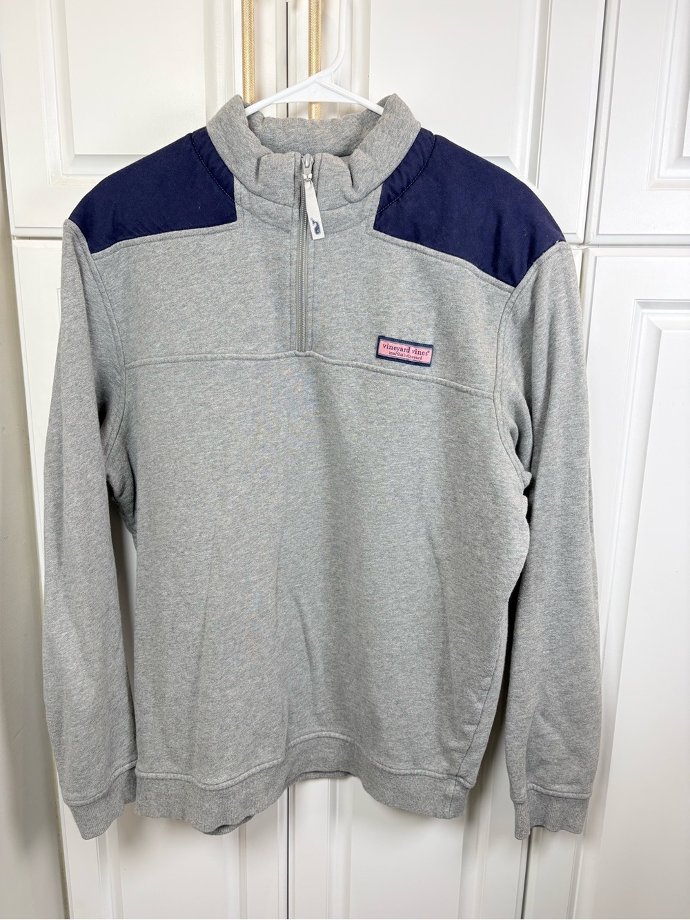 Vineyard Vines Gray Quarter-Zip Pullover with Navy Shoulder Panels